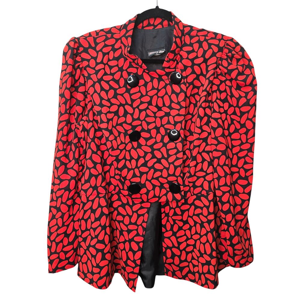 Vtg Simon Sez Blazer Jacket Womens Black Red Double Breasted Artsy Old Money